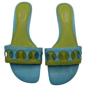 Talbots Womens 7.5 Open Toe Blue Green Leather Low Wedge Sandals Made In Brazil